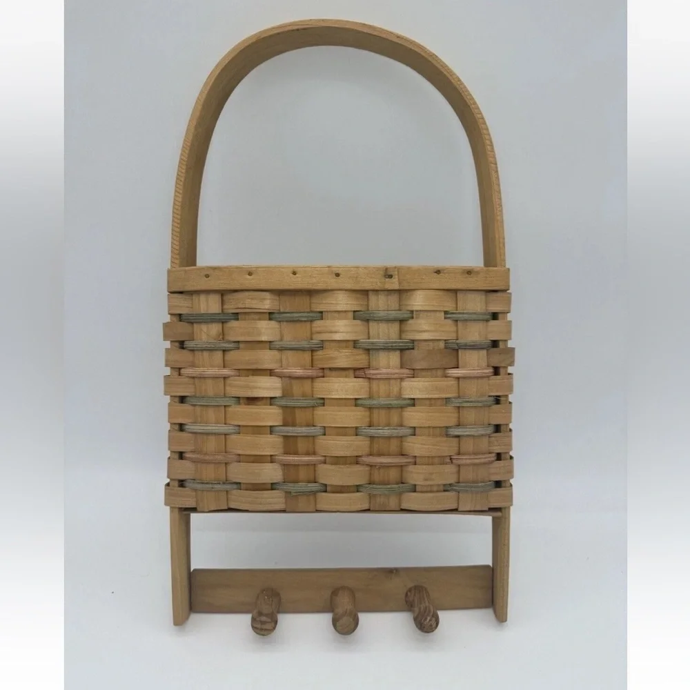 Vintage New England hand made wall hanging basket mail Color Weave Hooks Cottage